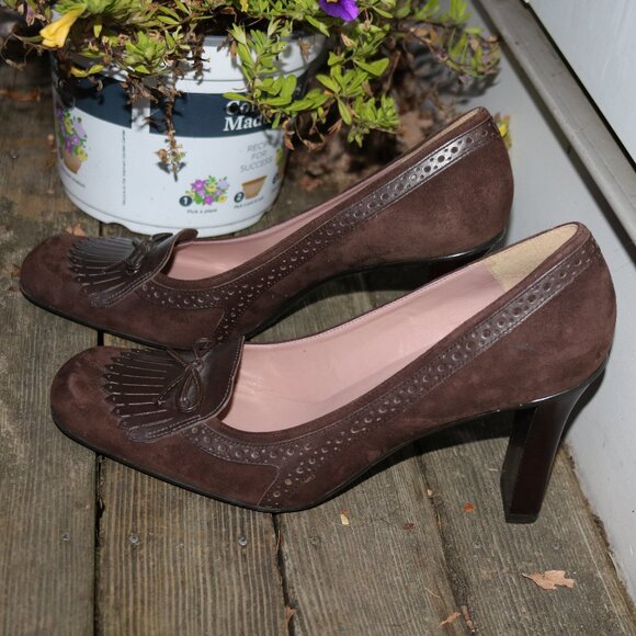 NEW Nine West Brown Suede & Leather w Keltie & Bow Block Spectator Heels Sz 10 - Picture 1 of 7